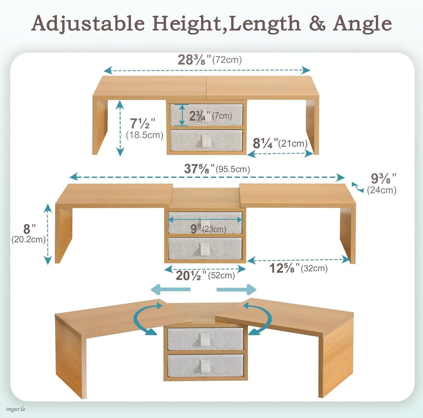 TEAMIX 42 inch Dual Monitor Stand Riser with 2 Drawers- Length and Angle Adjustable 3 Shelf Riser with Storage Desk Organizer Computer Monitor Stand for 2 Monitors/Laptop/PC,Screen/TV Stand Riser