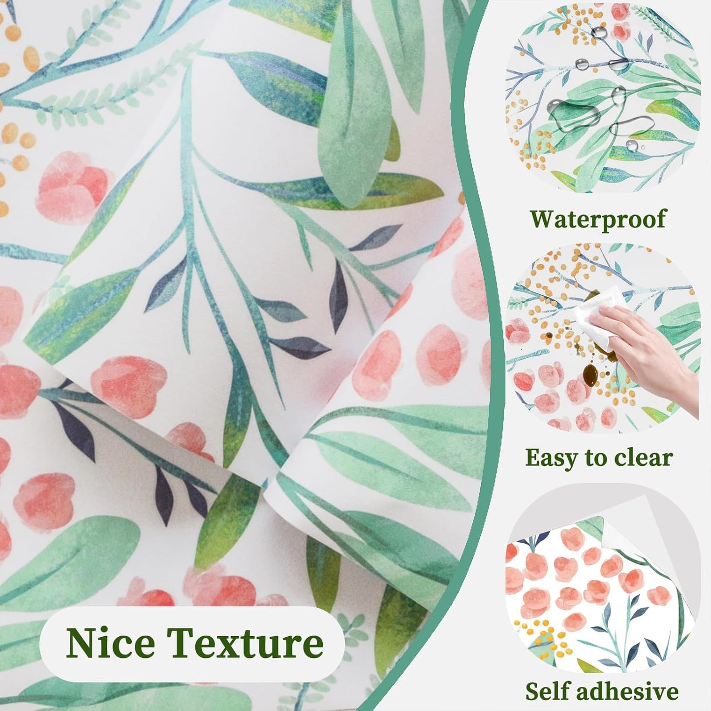 HAOKHOME Shelf Liner and Cabinet Liner Boho Flroal, Self-Adhesive Drawer Liners, Peel and Stick Contact Paper for Kitchen Cabinets and Cupboard, Bathroom Drawers, White/Green/Pink 17.3in x 6.5ft