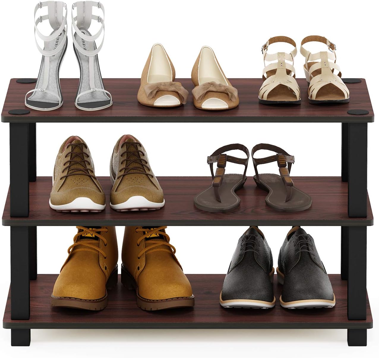 Furinno Turn-S-Tube 3-Tier Shoe Rack, Dark Cherry/Black (Pack of 3)