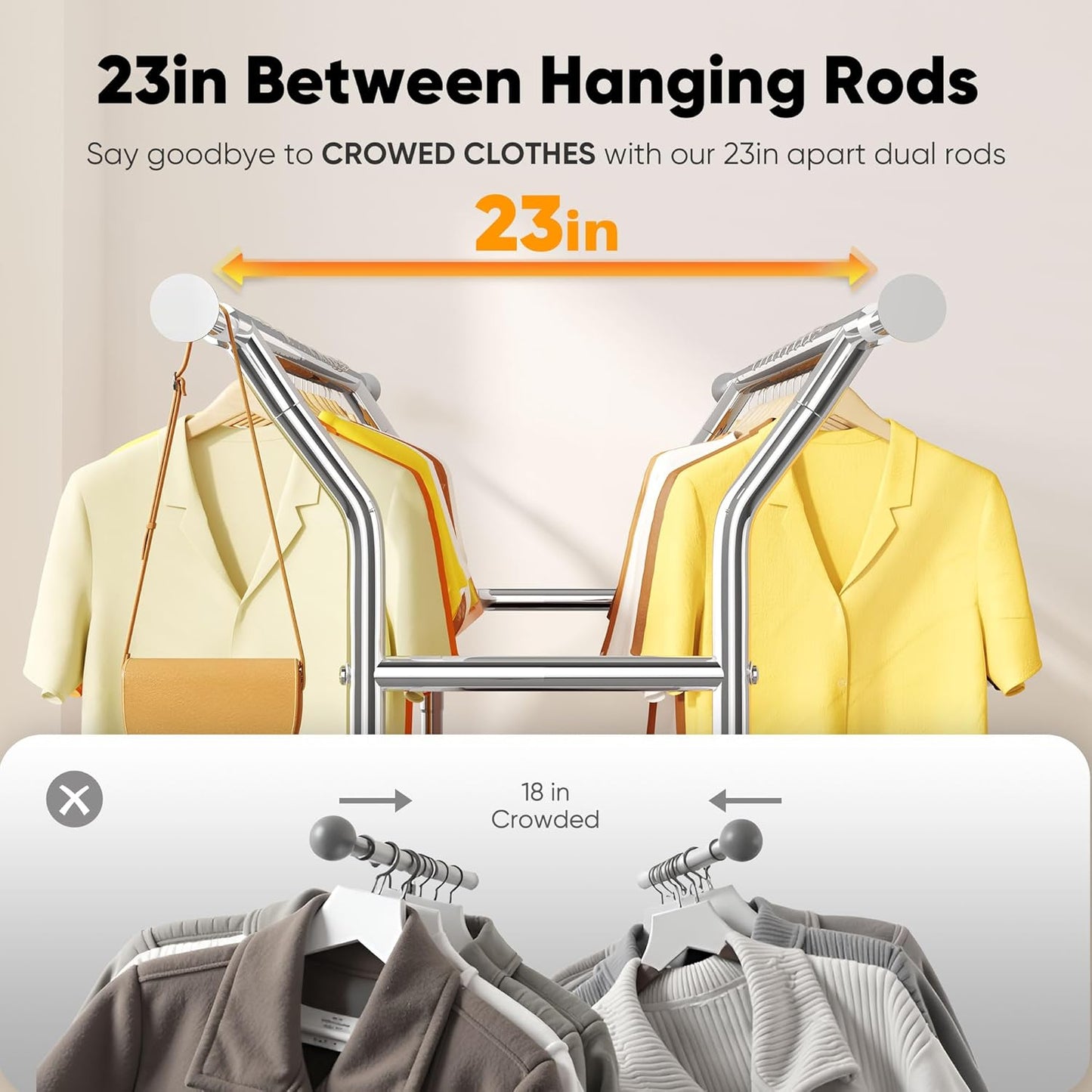HOKEEPER Clothing Rack Heavy Duty Clothes Rack for Hanging Clothes Load 625LBS Extendable Double Rod Clothes Rack, Adjustable Rolling Garment Rack with Wheels, Basket & Shelves 71.2''W*23.6''D*68.5''H