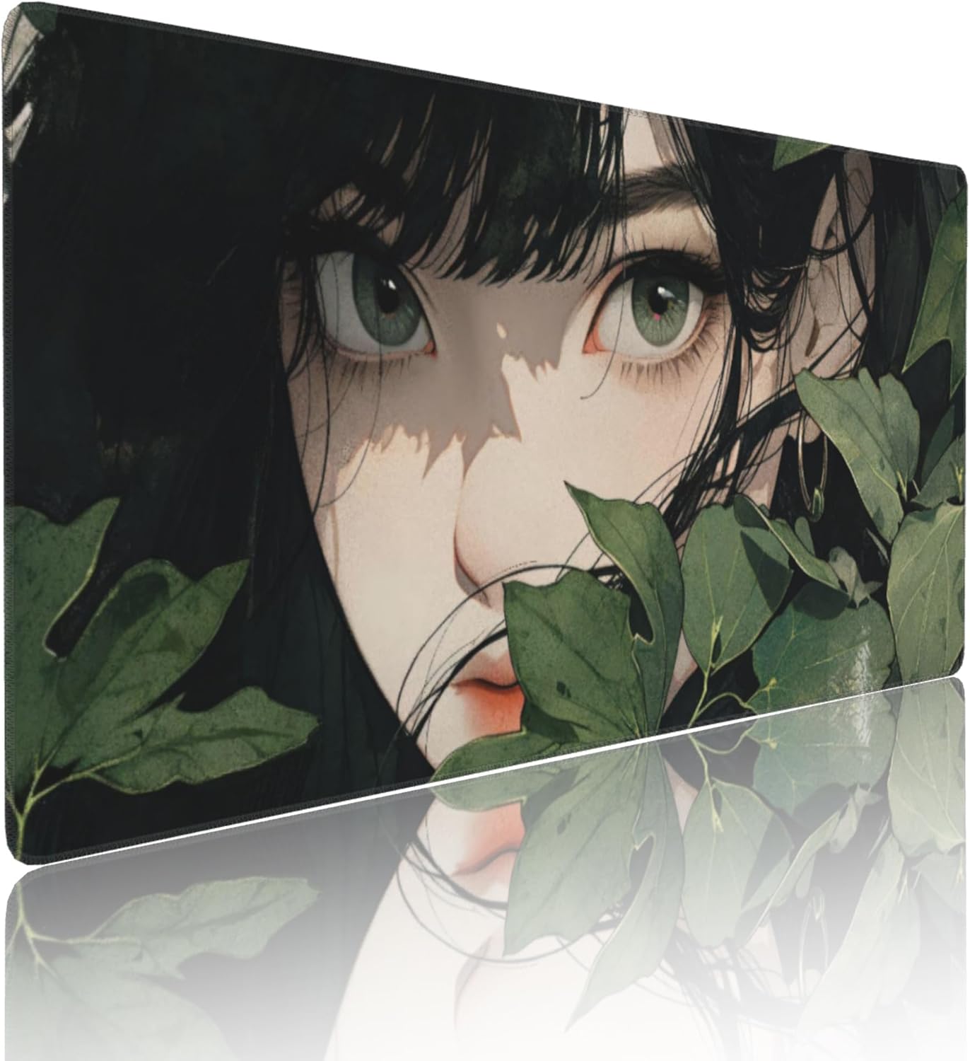 Girl in Foliage Large Mouse Pad, Anime Style Gaming Desk Mat, XXL Keyboard Desk Pad Mat for Desktop, 35.4"x15.7" Non-Slip Base Big Mousepad with Stitched Edges