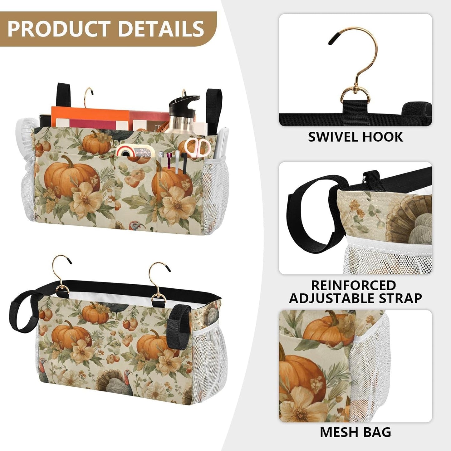 Thanksgiving Turkeys Pumpkin Beige Bedside Caddy for Dorm Bed Bedside Hanging Caddy Bag Iron Frame Storage Organizer Pocket for Bunk Home College Hospital Beds 2 Hooks