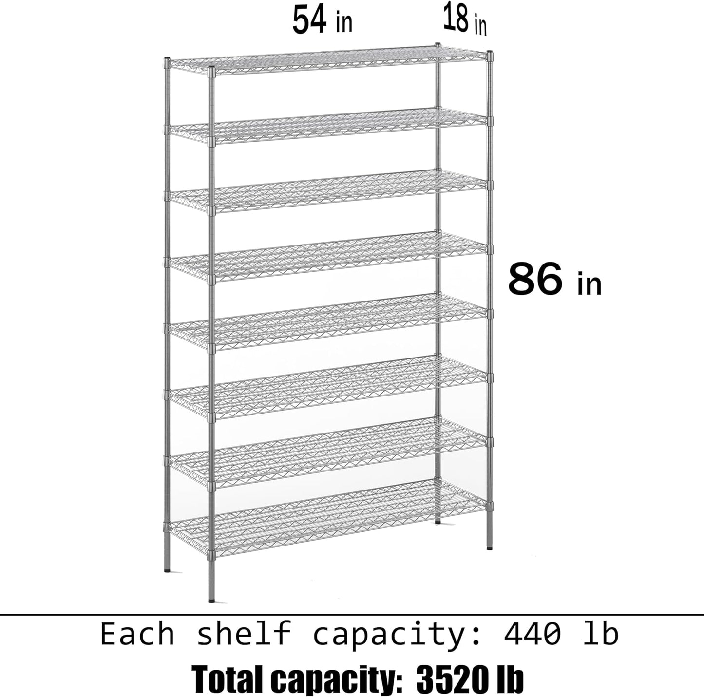 18" Deep x 54" Wide x 86" Height Wire Shelving Kit | 8-Tier | NSF Commercial Storage Rack Unit