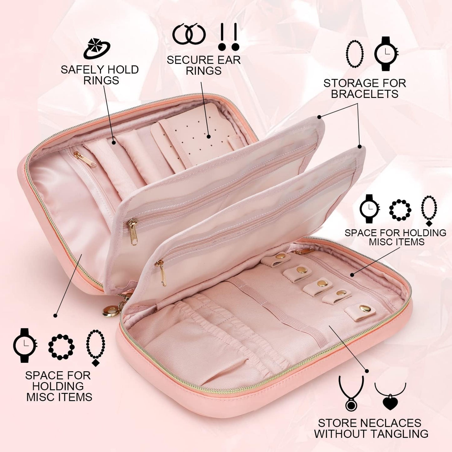 emissary Jewelry Organizer Case Travel Jewelry Storage Bag for Necklace, Earrings, Rings, Bracelet, Valentines Day Gifts, Earring Storage, Necklace Storage, Pouch Bag Accessories for Travel (Pink)