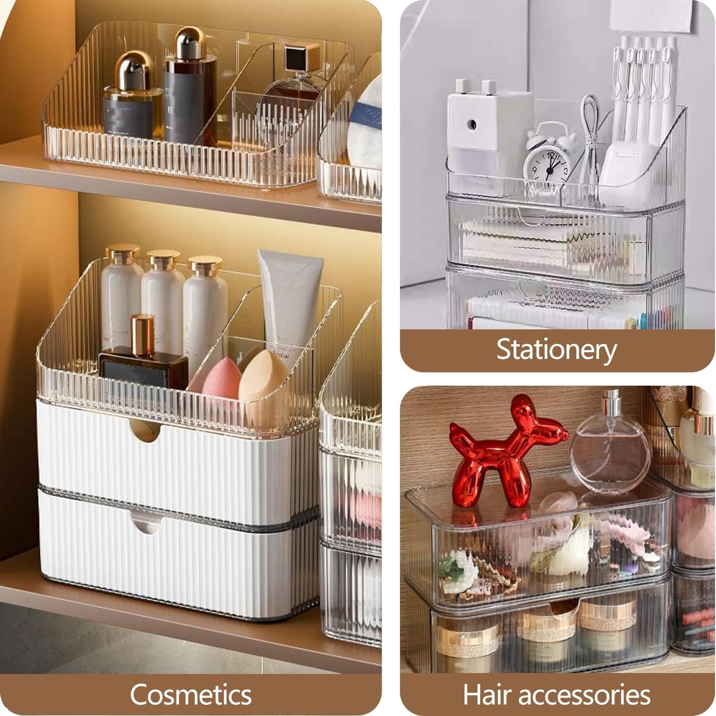 Medicine Cabinet Organizer 3 Tier, Stackable Bathroom Mirror Cabinet Storage，Small Makeup Organizers with 2 Drawer and 1 Tray for Wall Cabinet， Closet， Vanity, Countertop, Clear White
