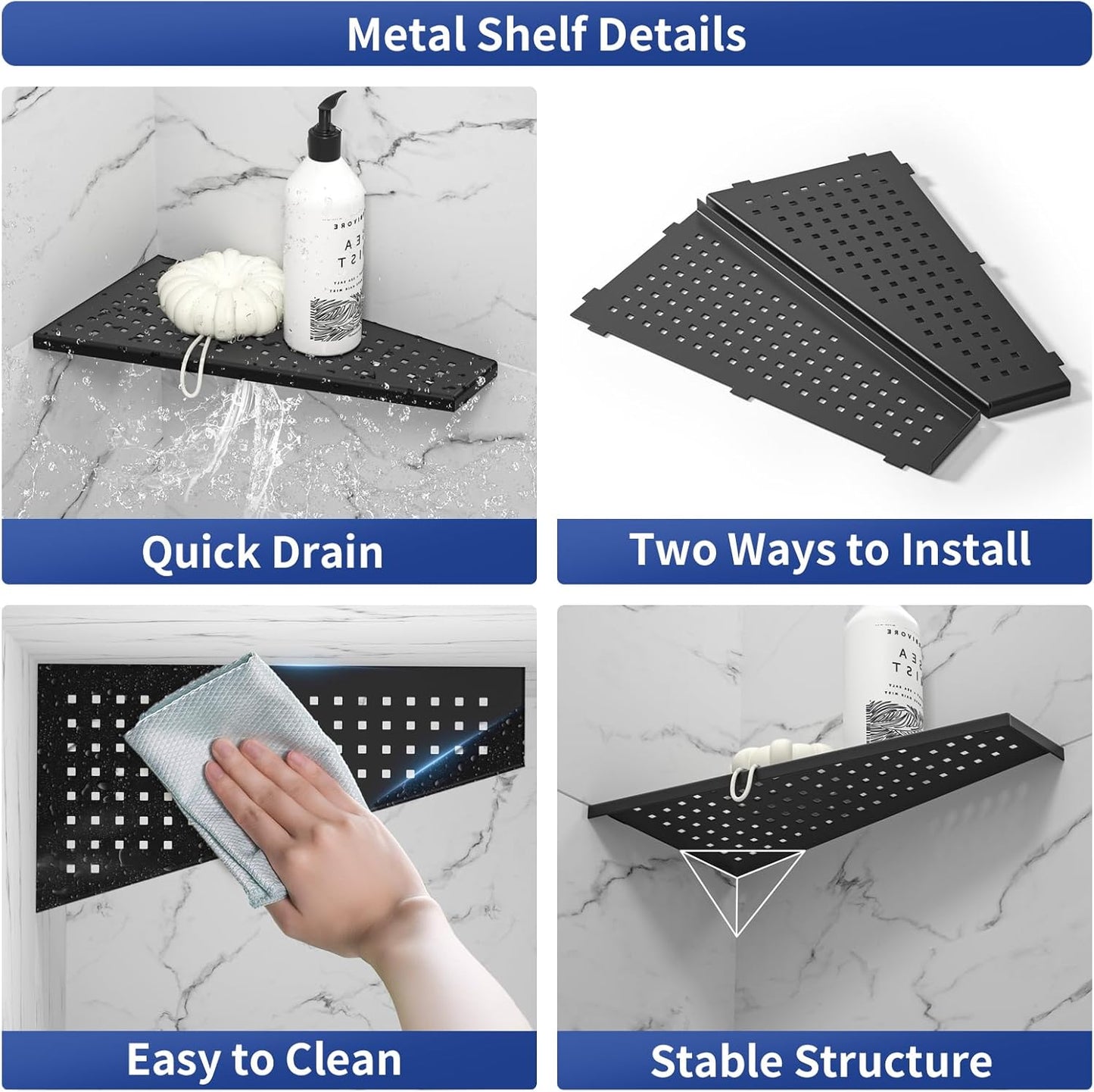 Corner Shower Shelf, Matte Black 12" Trapezoid Grout in Shampoo Shelf, 304 Stainless Steel Grid Design Recessed Bathroom Shelf for Tiled Wall