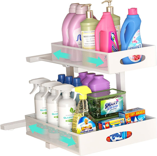 Under Sink Organizer, Extra-Wide Upgrade, 1 Pack 2 Tier Metal Slide Out Cabinet Organizer, Height Adjustable Organization and Storage Series, Bathroom/Cabinet/Kitchen organization, White