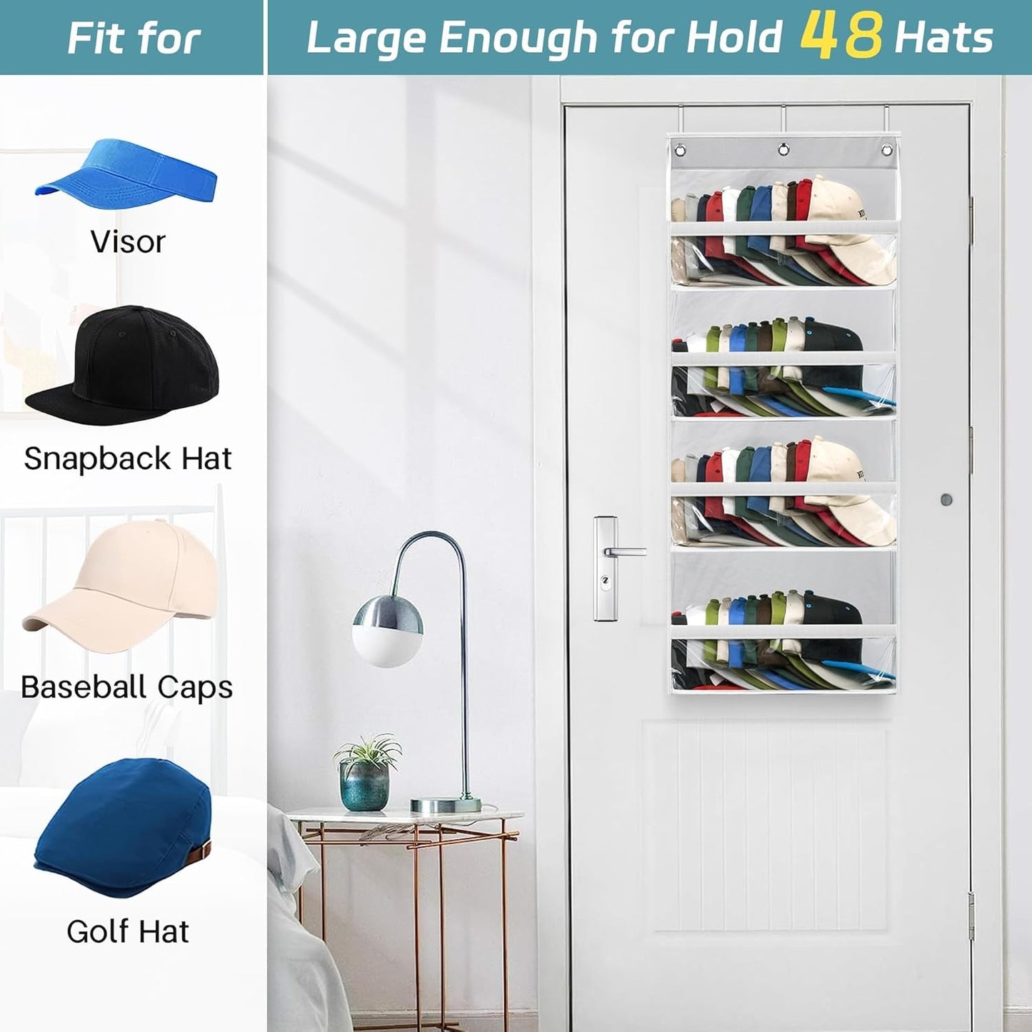 AOODA Clear Over the Door Hat Racks for Baseball Caps, Hold 48 Caps Hat Storage Organizer for Closet Wall, Deep Pockets Hanging Snapback Holder Shelves with 3 Hooks, White