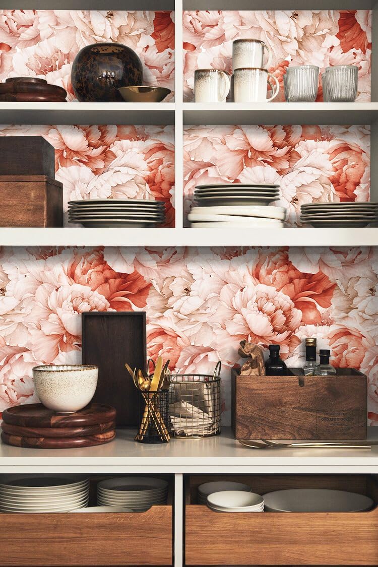 HAOKHOME Floral Shelf Liner and Cabinet Liner, Self-Adhesive Drawer Liners, Peel and Stick Contact Paper Liner Kitchen Cabinets and Cupboard, Bathroom Drawers, Pink/Dark Orange 17.3in x 6.5ft