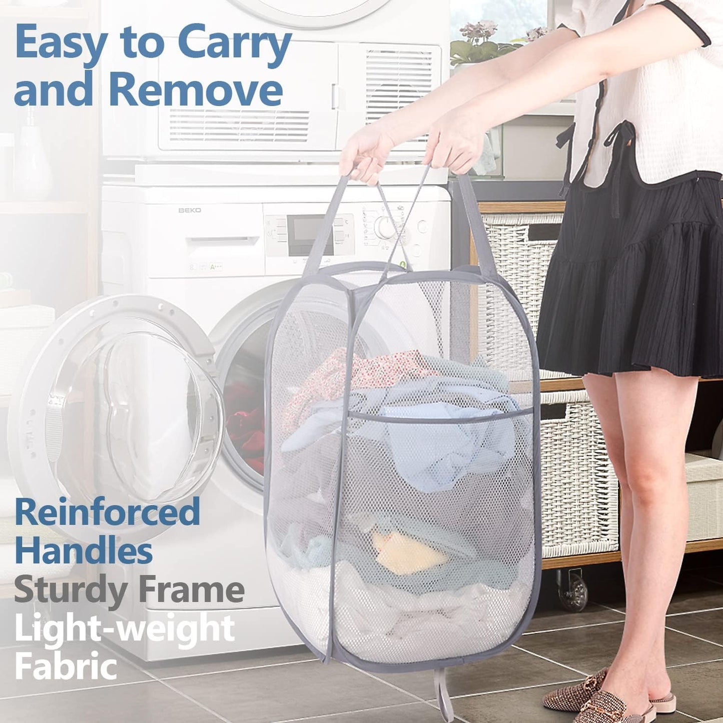 BATTOO Deluxe Strong Mesh Pop up Laundry Hamper Basket with Side Pocket for Laundry Room, Bathroom, Kids Room, College Dorm or Travel 2 x Grey