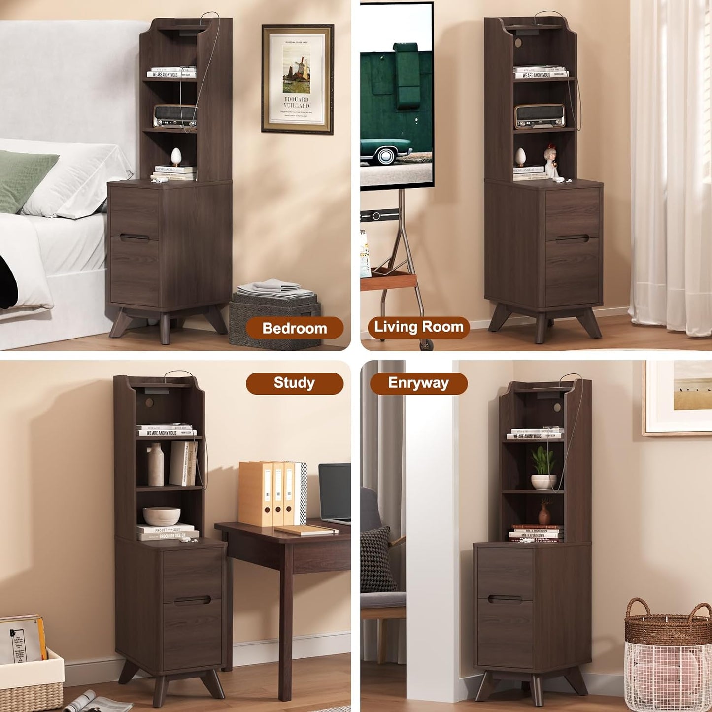 Tall Nightstand with Charging Station, Narrow Side Table with Bookshelf, 47" Tall Free Standing Wooden Night Stand with 2 Drawers and 4 Open-Shelves, Modern End Bedside Table for Bedroom, Brown