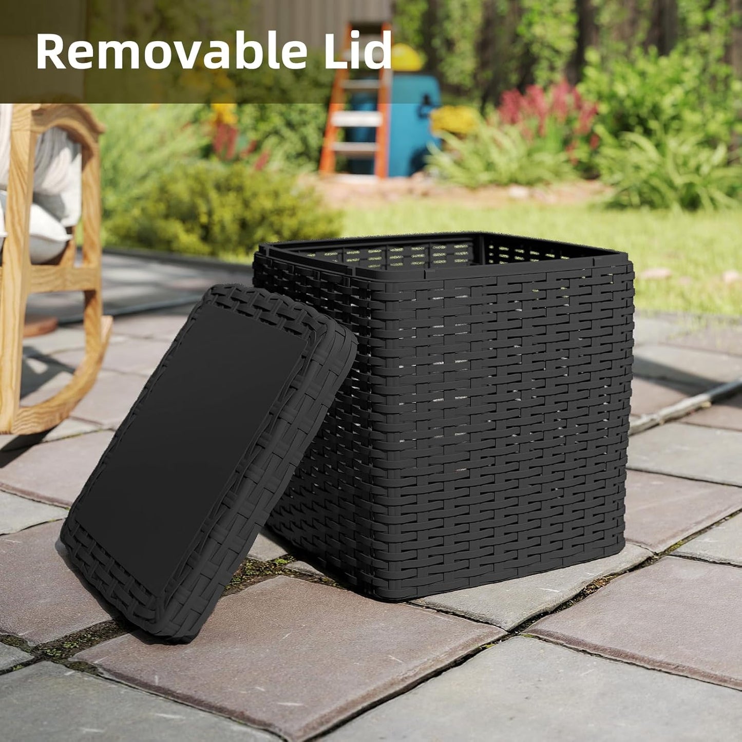 35 Gallon Outdoor Storage Box, Faux Rattan Deck Box with Removable Lid & Lockable Feature, All-Weather Waterproof Storage Bench for Poolside, Garden Tools Delivery Packages, Black