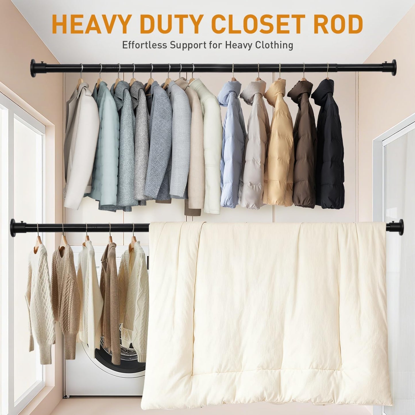 Black Adjustable Closet Rod 18-77 Inches, Heavy Duty Metal Clothes Hanging Rod, Rust-Proof Non-Slip Wardrobe Bar for Closet, Laundry Room, RV