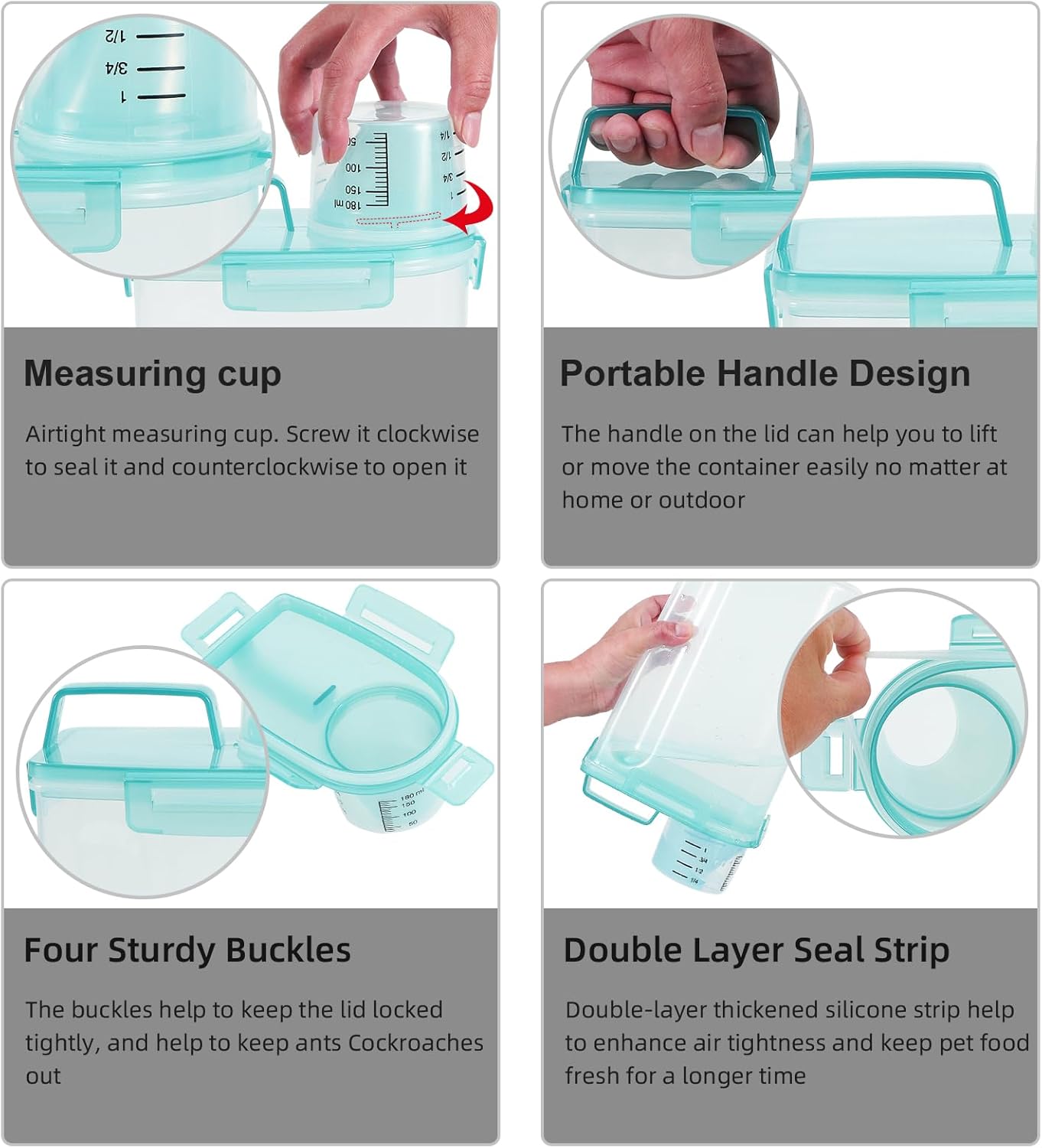 3-5Lbs Airtight Small Cat Dog Pet Food Storage Containers BPA Free, with Large Pour Spout/1 Measuring Cup/ 4 Safety Locks and Double-layer Silicone Strip (Clear Blue 2Pack)