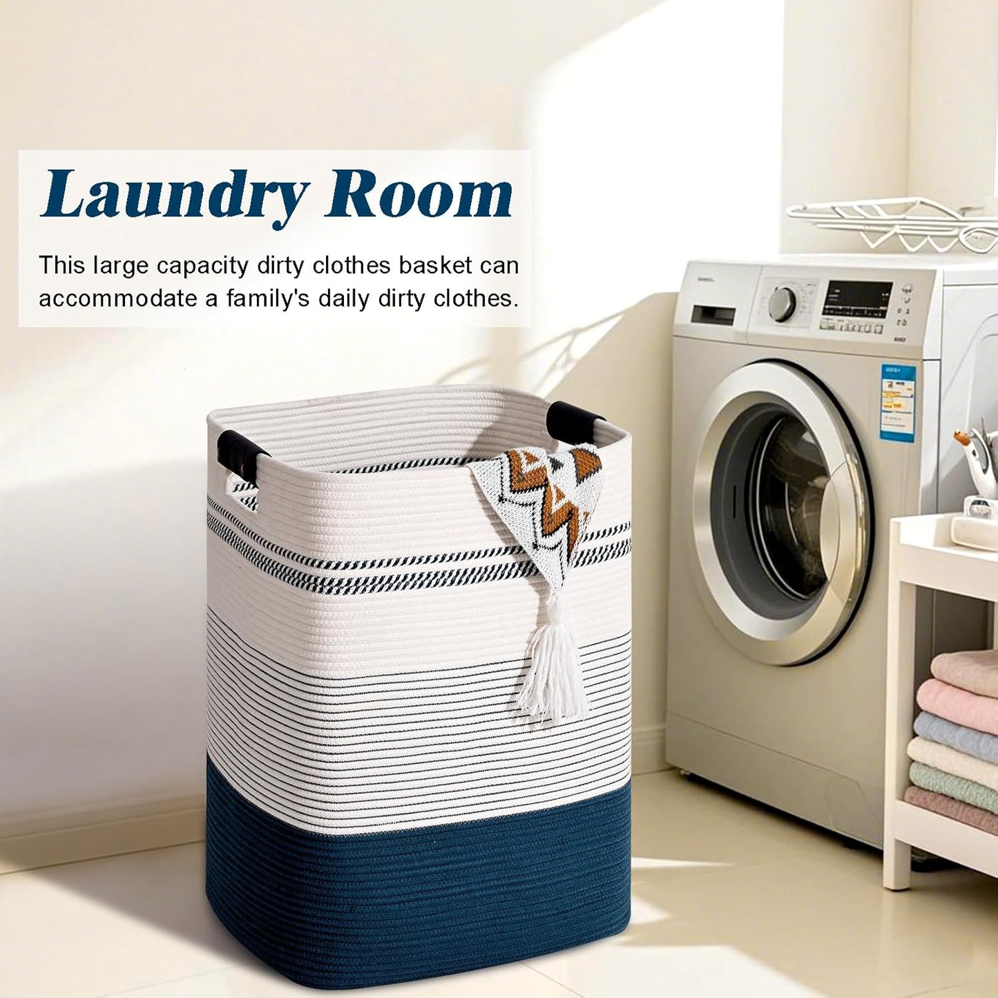 Laundry Hamper, 85L Tall Laundry Basket with Leather Handles, Rectangle Large Clothes Hamper for Organizing, Cotton Woven Laundry Baskets Storage Hampers for Bedroom, Nursery, Living Room