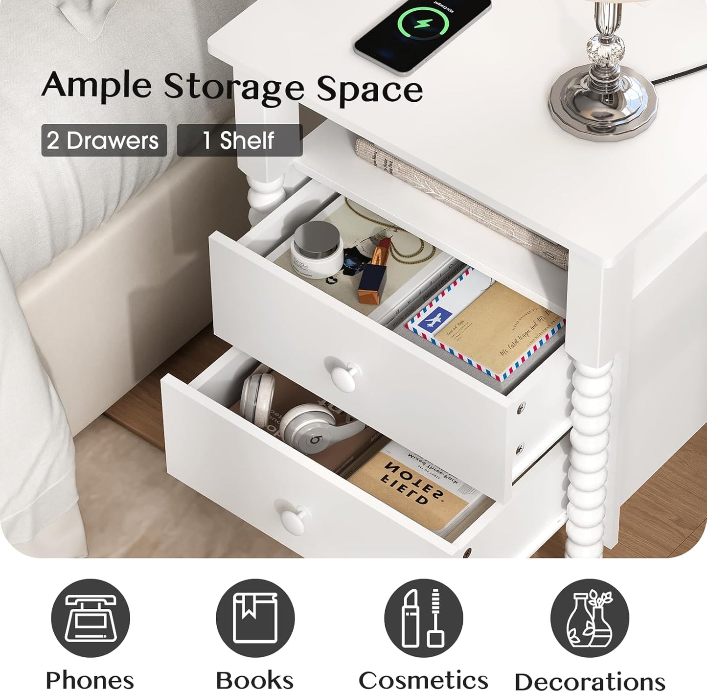 White Night Stand Set 2, Vintage Nightstand with Charging Station, Modern Bedside Table with 2 Drawers, End Table with Solid Wood Legs, Bed Side Tables for Bedroom, White