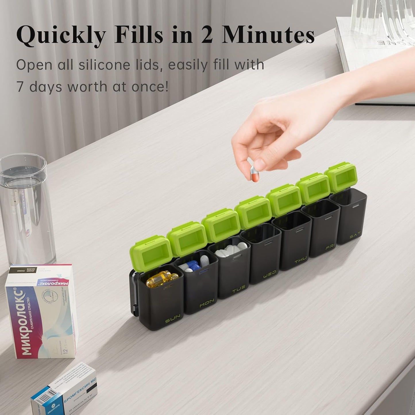 Weekly Pill Organizer Magnetic, Removable Pill Box 7 Day 1 Time a Day, Large Pill Case Travel, Week Once Daily Medication Dispenser, Medicine Container Holder for Supplement Vitamin, Green