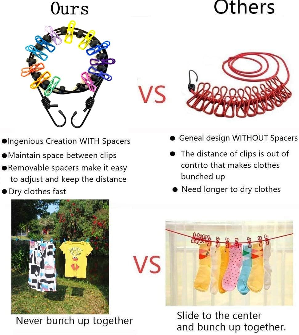 2 Pack Portable Clothesline with 12 Clothespins, Windproof Travel Clothesline Stretchy Retractable Elastic Laundry Clothes Line for Backyard, Vacation Hotel, Balcony Clothes Drying Line