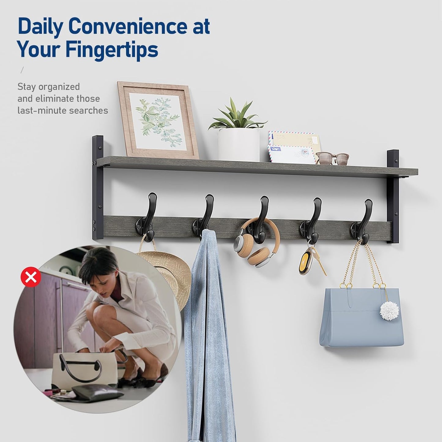 Tatub 29" Rustic Coat Rack Wall Mount with Shelf, Entryway Wall Hooks with Shelf, Coat Hangers for Bathroom, Living Room, Bedroom, Dark Grey