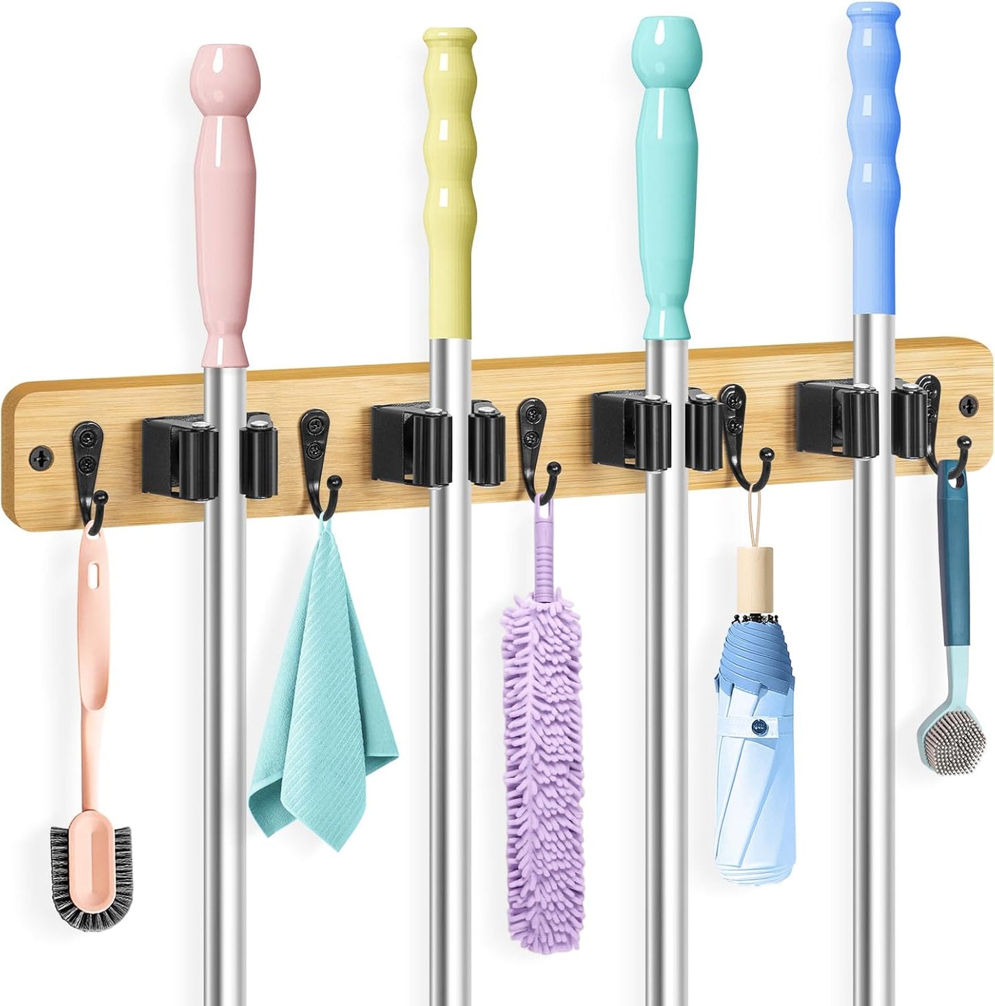 IMILLET Mop and Broom Holder Wall Mount, Bamboo Broom Hanger with 4 Racks and 5 Hooks, Laundry Room Decor, Self Adhesive Over the Door Broom Organizer, Wall Organizer for Home Garage Closet (1 Pack)