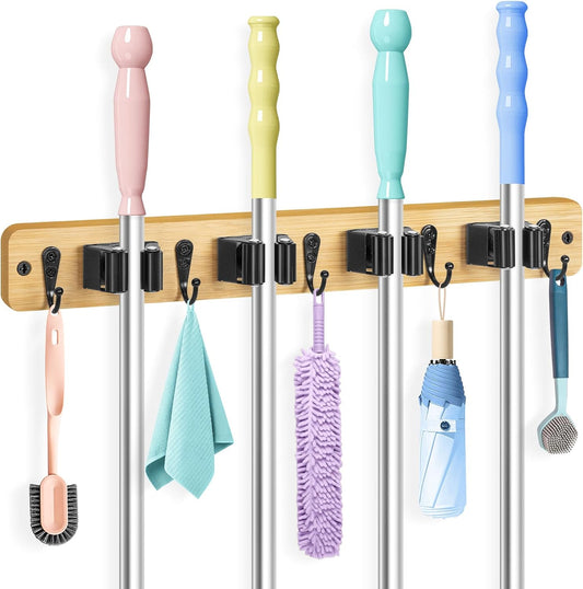 IMILLET Mop and Broom Holder Wall Mount, Bamboo Broom Hanger with 4 Racks and 5 Hooks, Laundry Room Decor, Self Adhesive Over the Door Broom Organizer, Wall Organizer for Home Garage Closet (1 Pack)