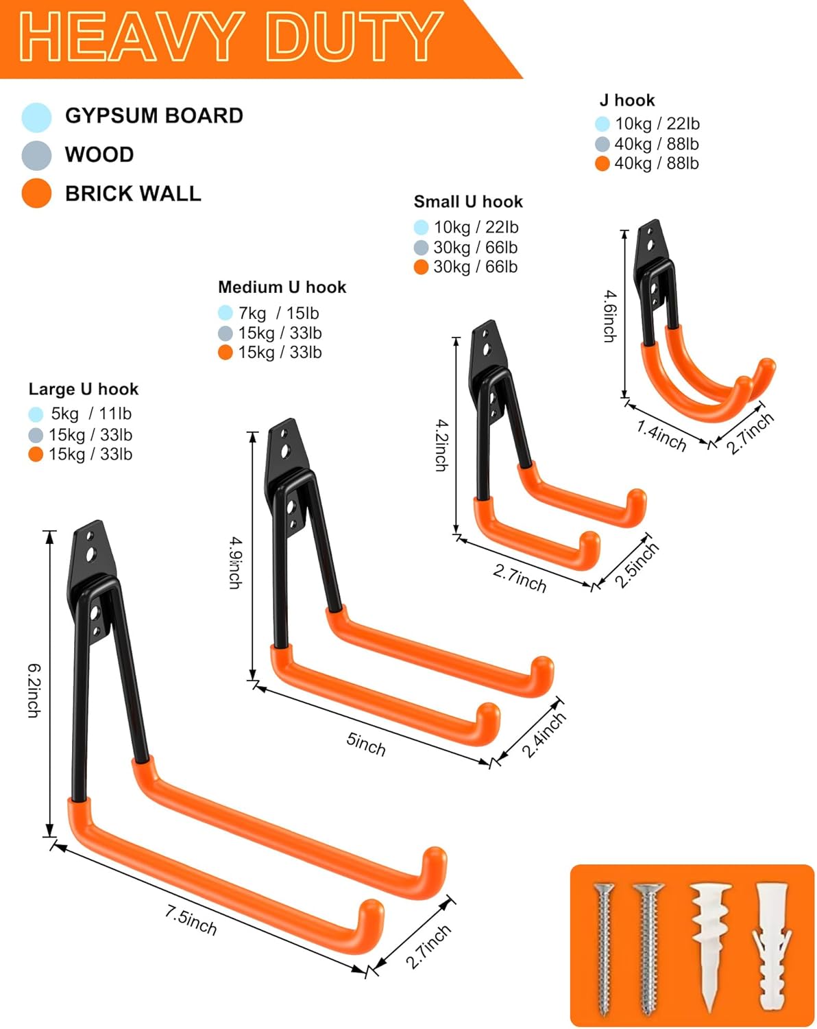 QcoQce 14 Pack Garage Hooks Heavy Duty with 2 Extension Cord Straps,Garage Storage Hooks, Wall Mount Hooks, Garage Organization and Tool Hangers for Bike, Ladder, Ropes and Garden Tools(Orange)