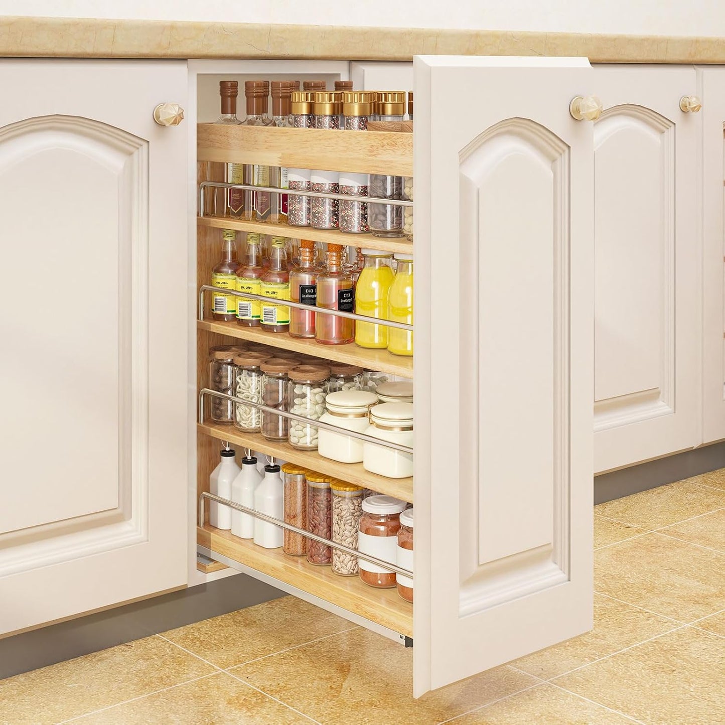 DINDON Pull Out Spice Rack Organizer for Cabinet, (5" W x 21.9" D x 25.2" H) Multi-Use Wood Pull Out Cabinet Organizer Slide Out Shelf Cabinet Storage for Kitchen, Pantry Organization
