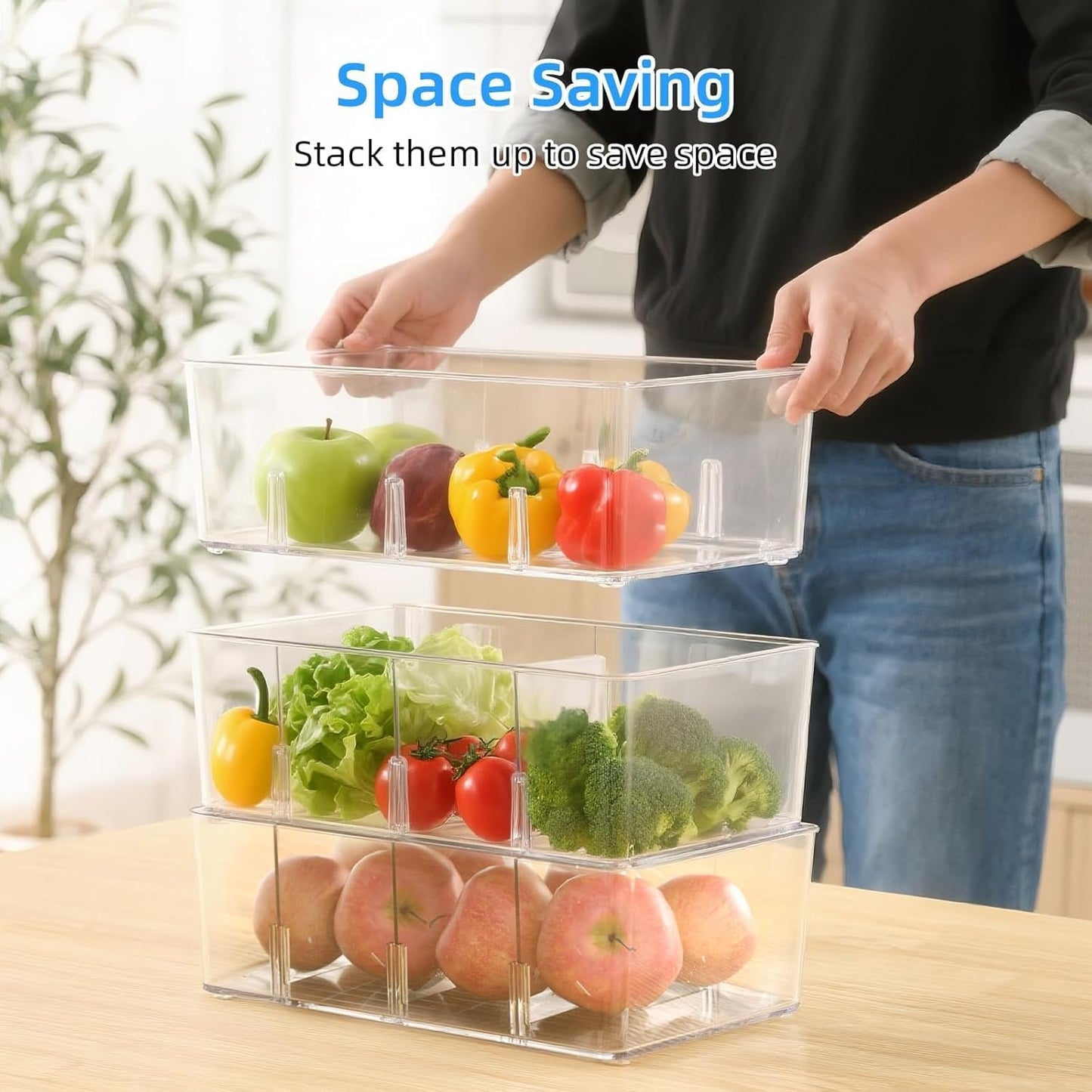 8 Pack Pantry Organizers and Storage,Snack Containers with 3 Dividers for Kitchen,Fridge,Refrigerator Organization and Storage,Clear Plastic Organizer Bins for Spice,Tea bag,Seasoning