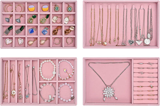 ProCase Stackable Jewelry Organizer Trays for Drawers, Jewelry Drawer Inserts Container Display Case Storage for Earring Necklace Rings Bracelet with Removable Dividers -Dustypink, 4 Layers