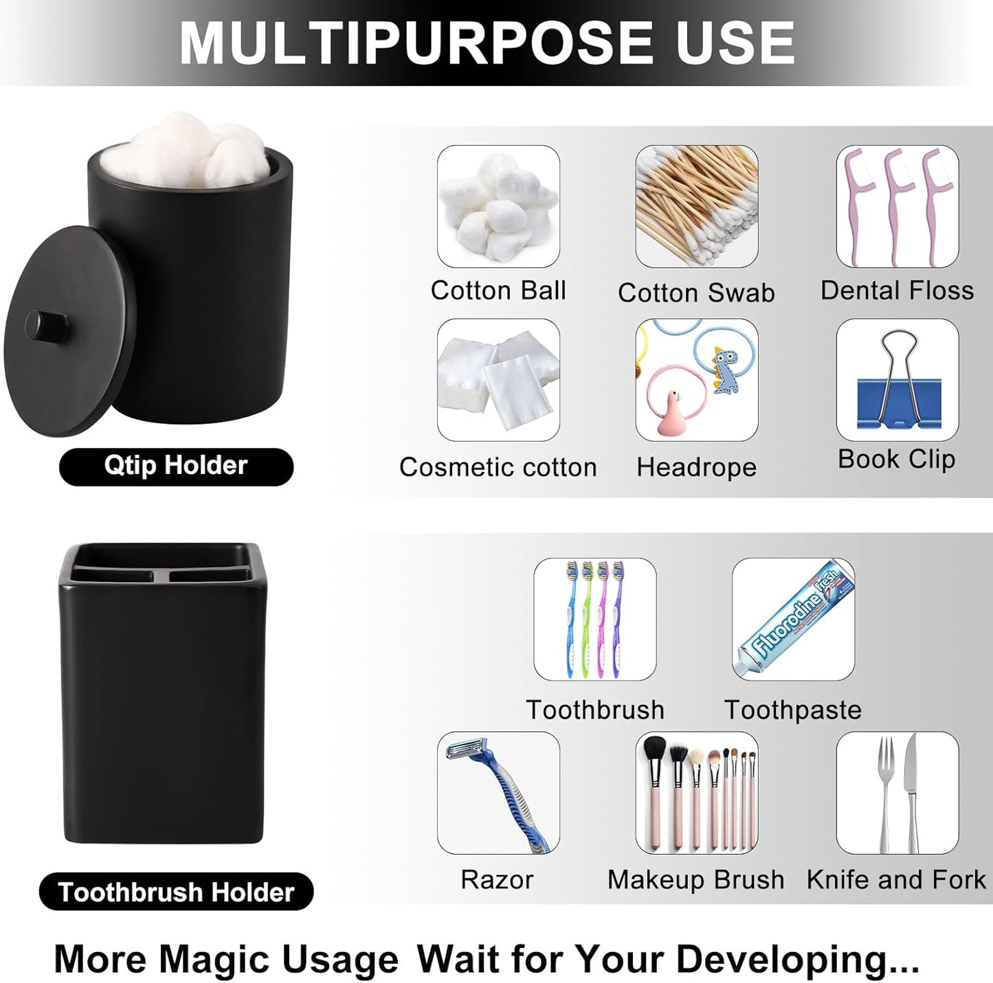 Resin 6 Pcs Black Bathroom Set Complete with Toothbrush Holder, Lotion Soap Dispenser, 2 Qtip Holder Dispensers,Vanity Tray,Bathroom Tumbler - Countertop Vanity Organizer - Bathroom Accessories Set