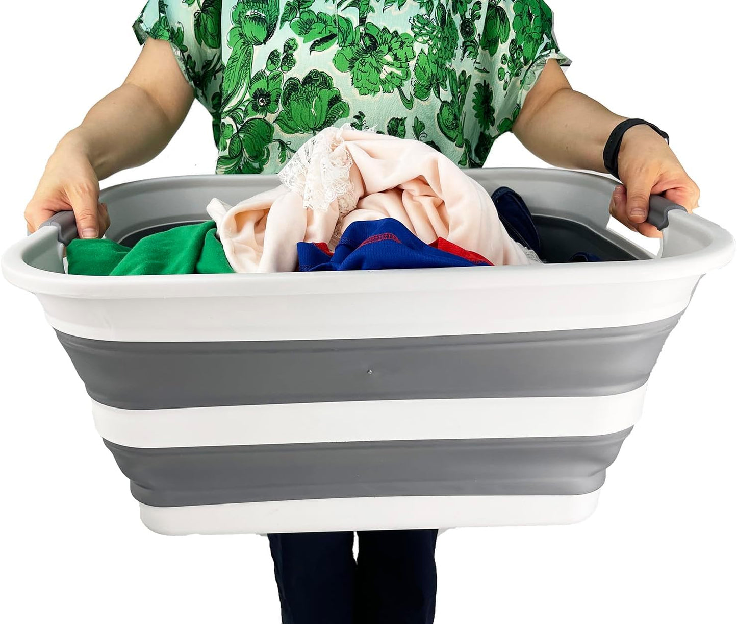 SAMMART Collapsible Plastic Laundry Basket - Foldable Pop Up Storage Container/Organizer - Portable Washing Tub - Space Saving Hamper/Basket (Grey/Steel Grey, 42L)