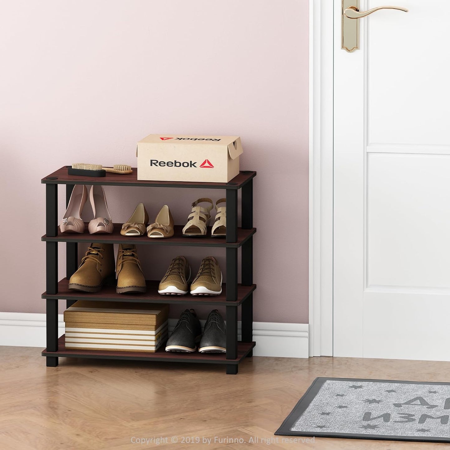 Furinno Turn-S-Tube 4-Tier Shoe Rack, Dark Cherry/Black