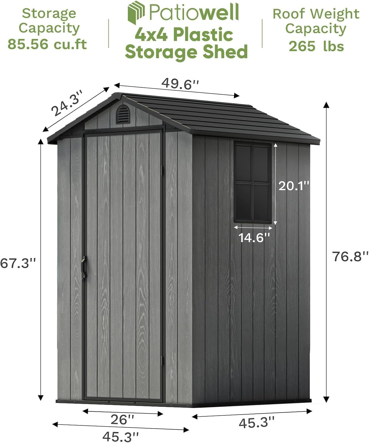 Patiowell 4 x 4 FT Plastic Outdoor Storage Shed with Floor, Garden Tool Shed with Two Windows and Single Lockable Door for Garden, Backyard, Lawn, Easy to Install, Dark Grey(Fit-it Shed)