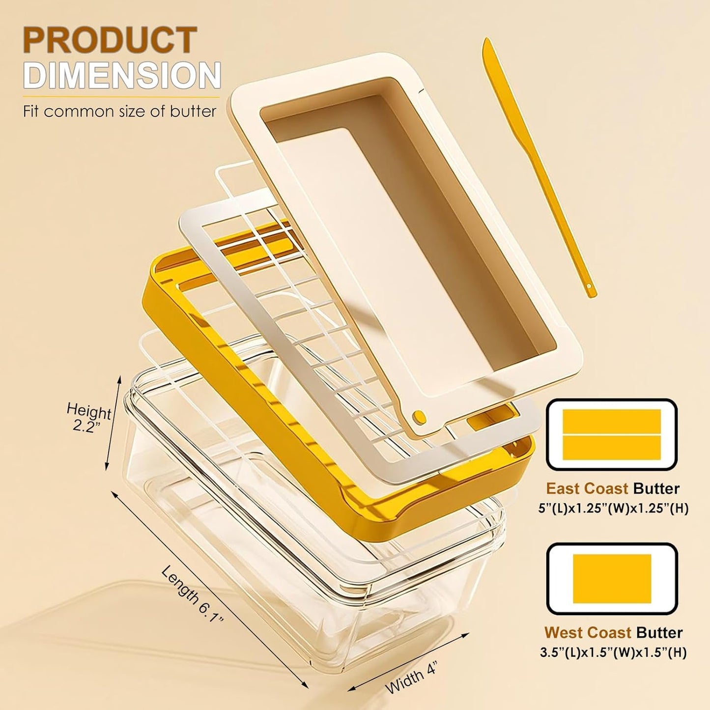 Butter Cutter Slicer with Lid and Knife for Countertop and Refrigerator, Airtight Butter Keeper Container, Butter Holder for East/West Coast Butter