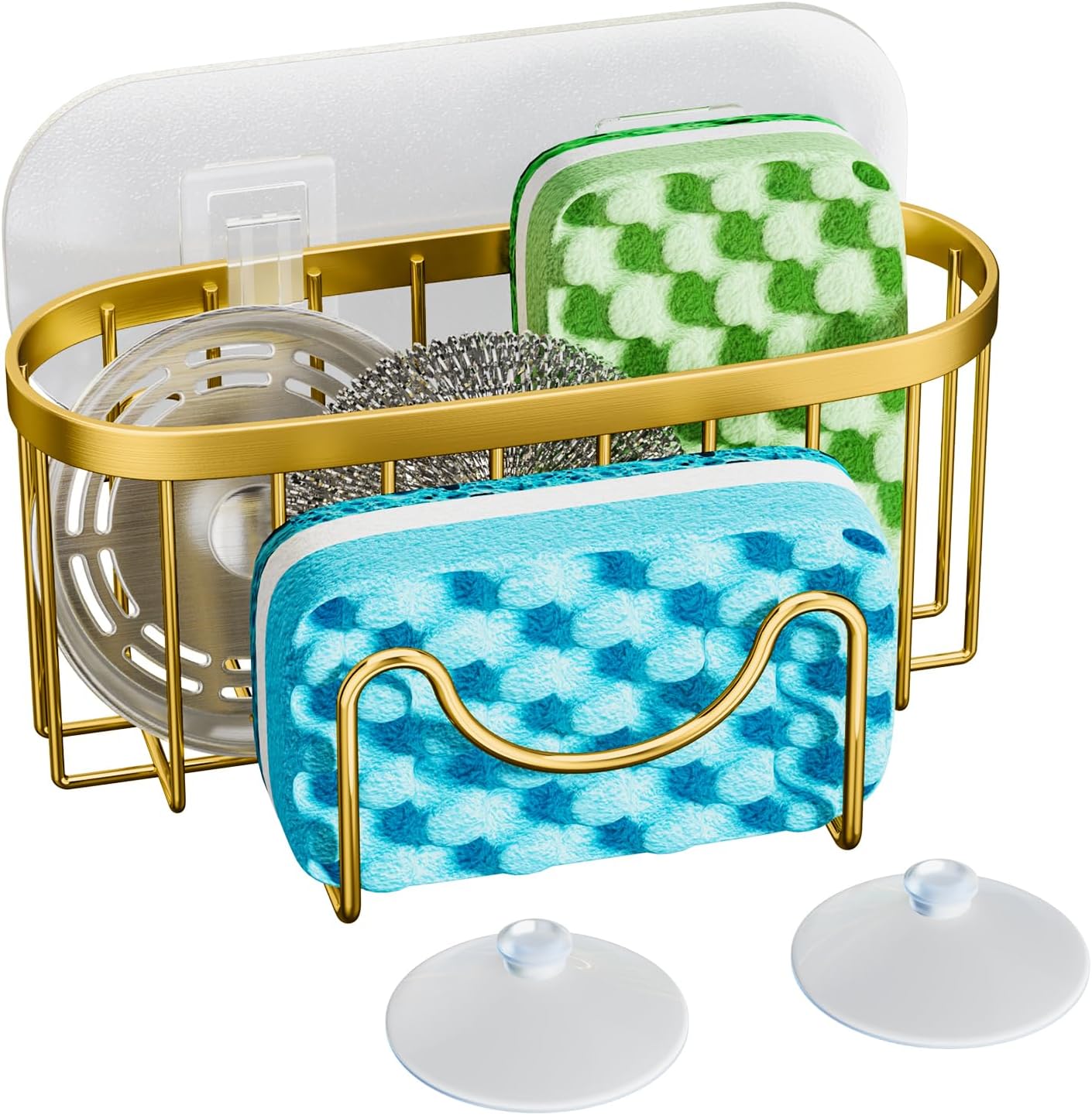 HapiRm Multifunctional Sponge Holder - 2 Installation Methods Sink Caddy with Unique M-Shaped, Stainless Steel Kitchen Sink Organizer for Sponge, Brush, Stopper and Scraper - Gold