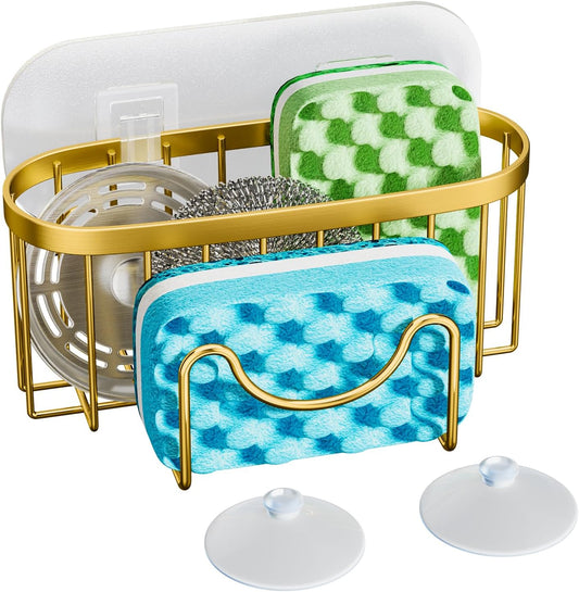 HapiRm Multifunctional Sponge Holder - 2 Installation Methods Sink Caddy with Unique M-Shaped, Stainless Steel Kitchen Sink Organizer for Sponge, Brush, Stopper and Scraper - Gold