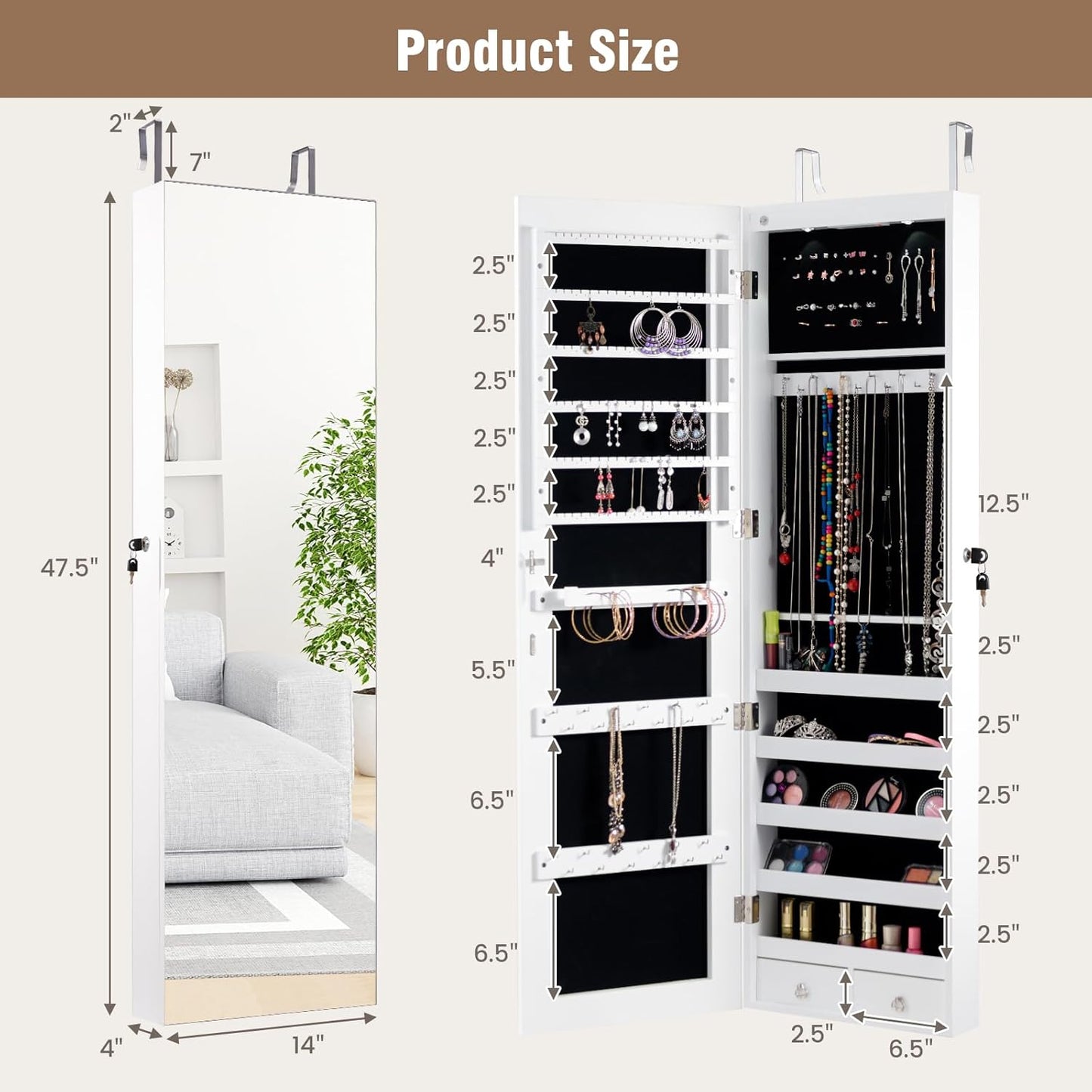 HAPPYGRILL Over the Door Jewelry Organizer, Hanging Jewelry Storage Cabinet w/Full-Length, Inner Makeup Mirror, Earring Shelves, Ring Slots, 25 Necklace Hooks, Wall Mounted Jewelry Armoire for Women