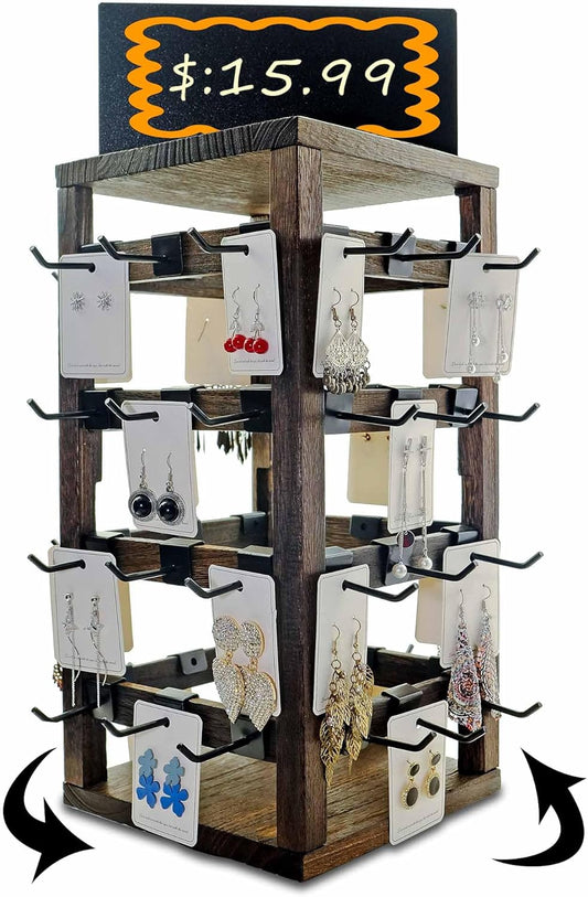 Wooden rotating Jewelry Display Stand with Removable 48 Hooks advertising board, For Earring Cards necklace bracelet Keychain Jewelry Organizer For Selling For vendor events (Dark brown)