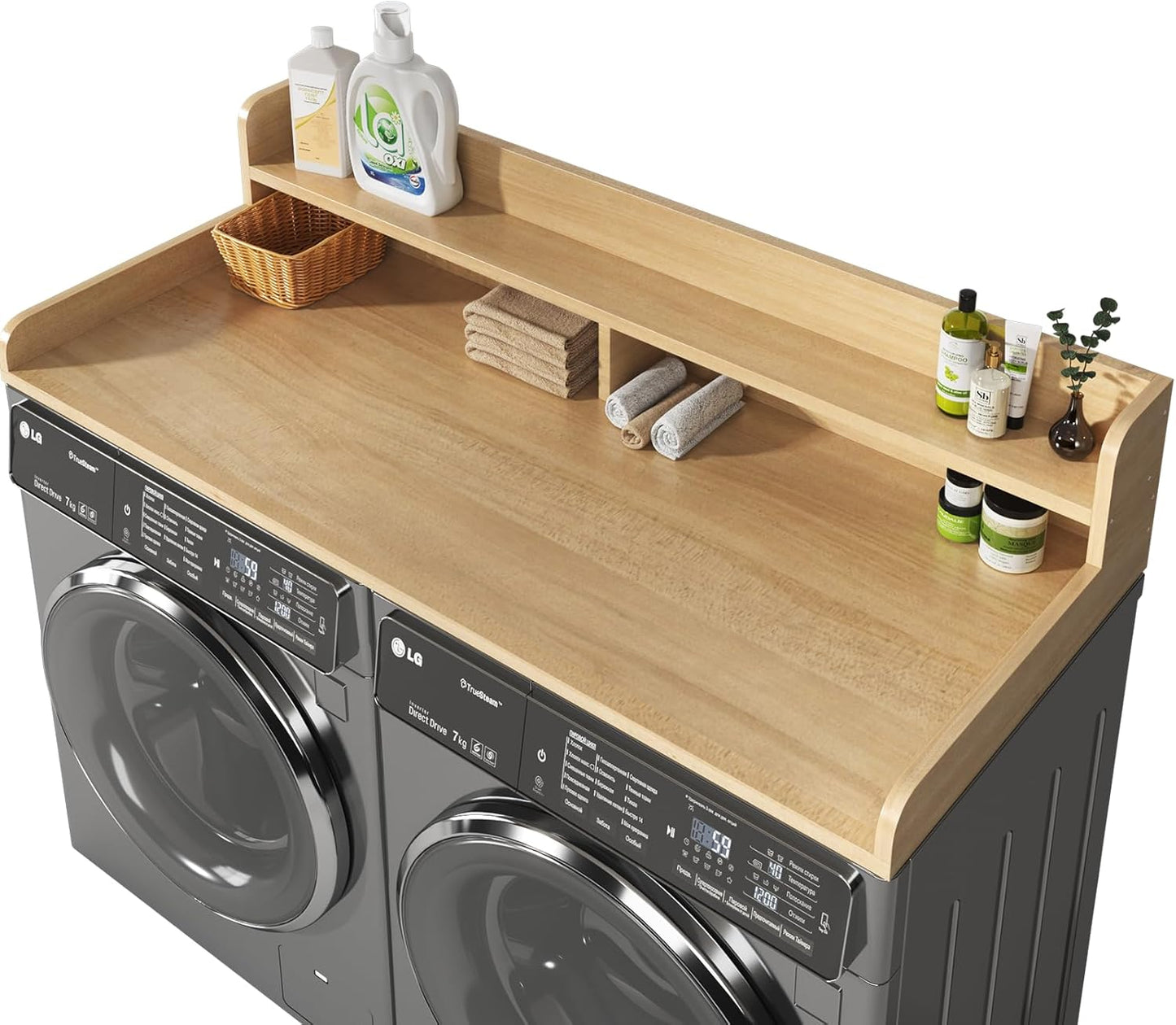 2-Tier Washer and Dryer Countertop,2.75" H Guard,58" W x 28" D Laundry Countertop Cover with Non-Slip Pad,Large Space Laundry Topper for Folding Clothes Over Washer and Dryer-Pure Wood Color