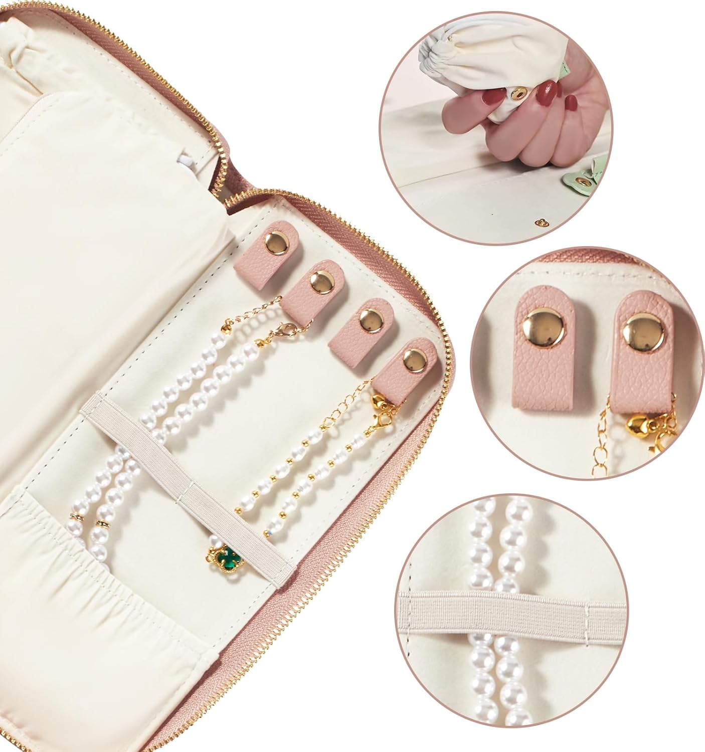 Travel Jewelry Organizer Case - for Tangle-Free Necklaces, Earrings, Rings, Bracelets Storage, Travel Essentials, Fashion Portable Jewelry Travel bags for Women - Medium Macaron Pink