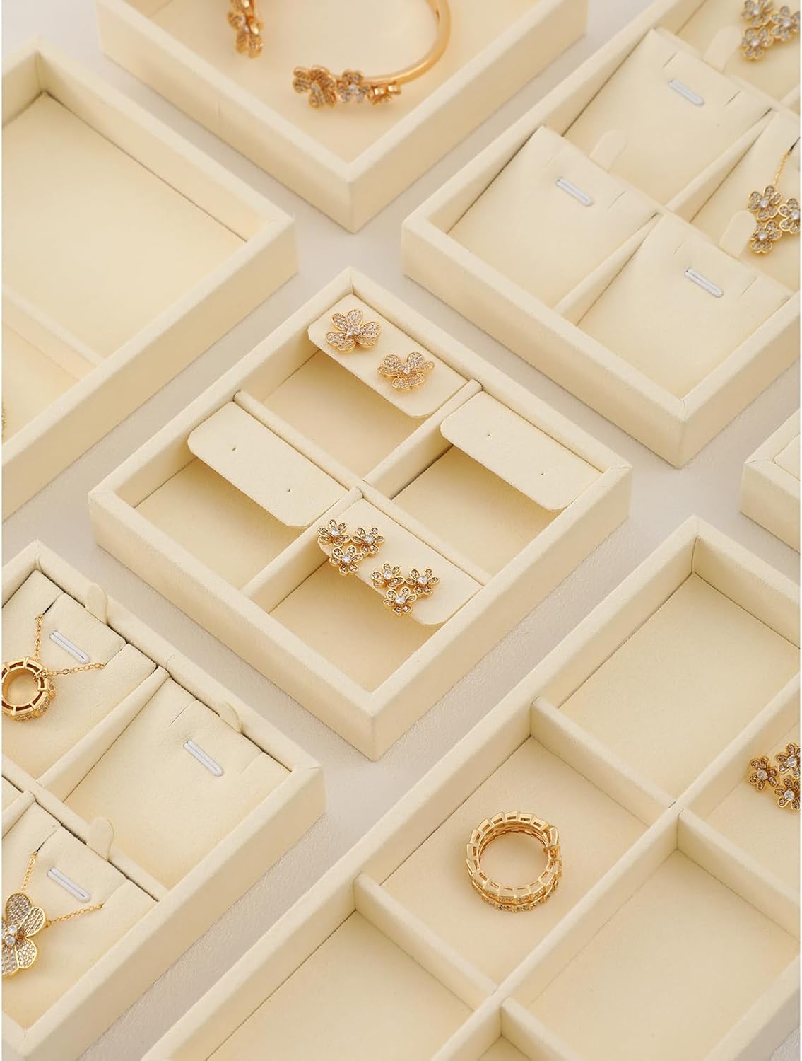 Dark Blue Jewelry Display Tray Ring Necklace Earring Bangle Organizer Multifunctional Storage Case for Jewelry Showcase (Small 4 Grids Earrings Tray(beige))