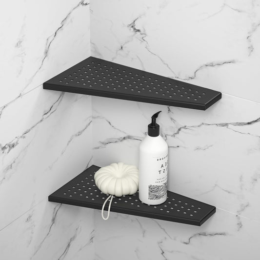 Corner Shower Shelf, Matte Black 12" 304 Stainless Steel Trapezoid Grout in Shelf with Grid Hollows Design, Recessed Bathroom Shelves for Tiled Wall Retrofit, 2 Pack