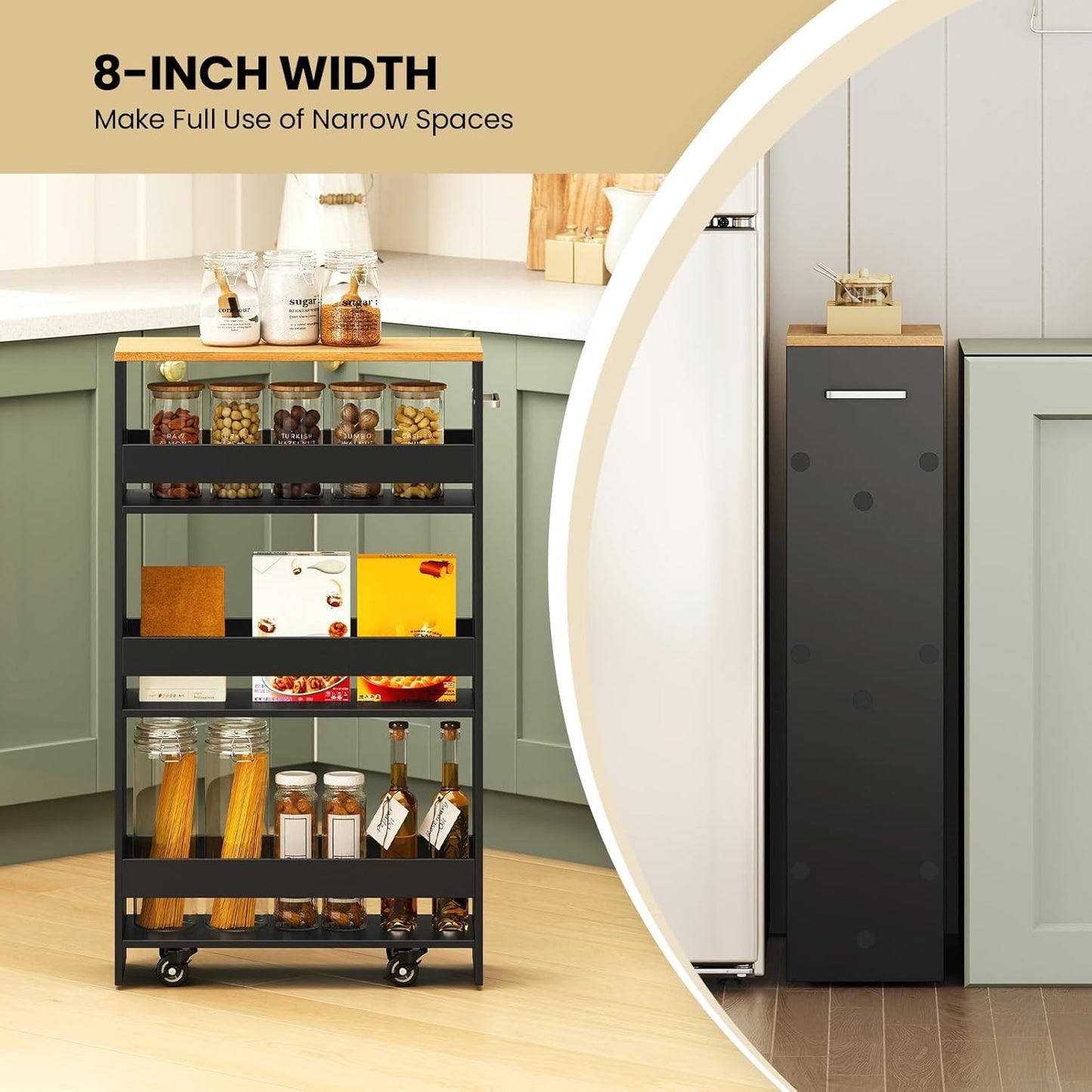 Small Kitchen Cart, 4-Tier Slim Rolling Island w/Handle, Laundry Room Storage Organizers Between Washer and Dryer, Narrow Spice Rack on Wheels Next to Fridge (Black, 8'')