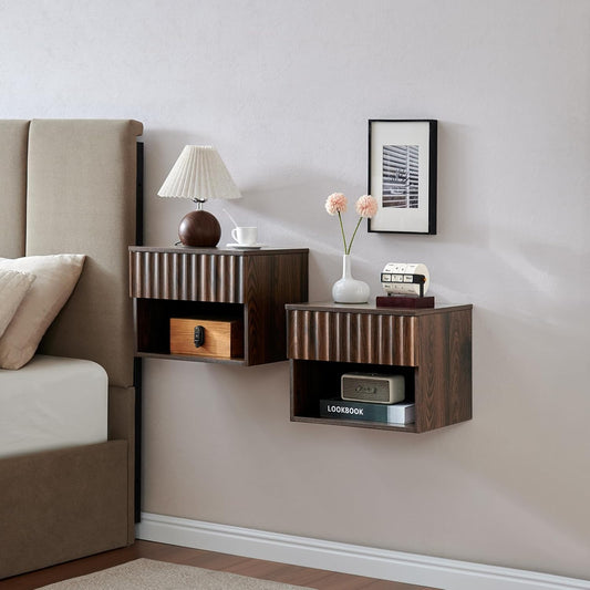 Floating Nightstand with Fluted Drawer - Modern Wall Mounted Bedside Table with Open Storage Shelf, Small Night Stand TV Stand for Bedroom(Walnut, Set of 2)