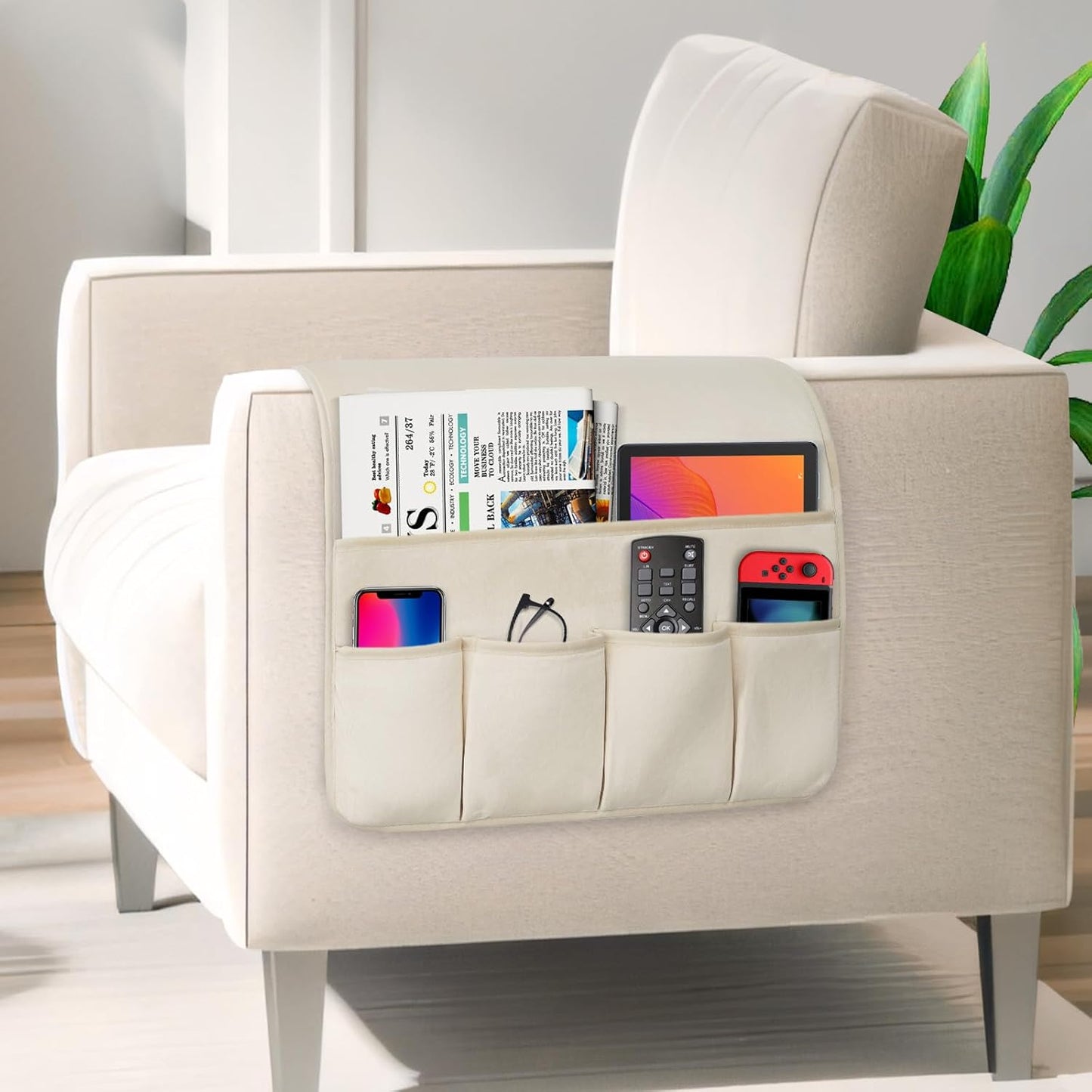 Remote Control Holder for Armchair，Couch Caddy Organizer TV Remote Holder for Bed Storage 5 Pockets，Remote Caddy Bedside Organizer Bedside Table Organizer (Beige, 35''x18'')