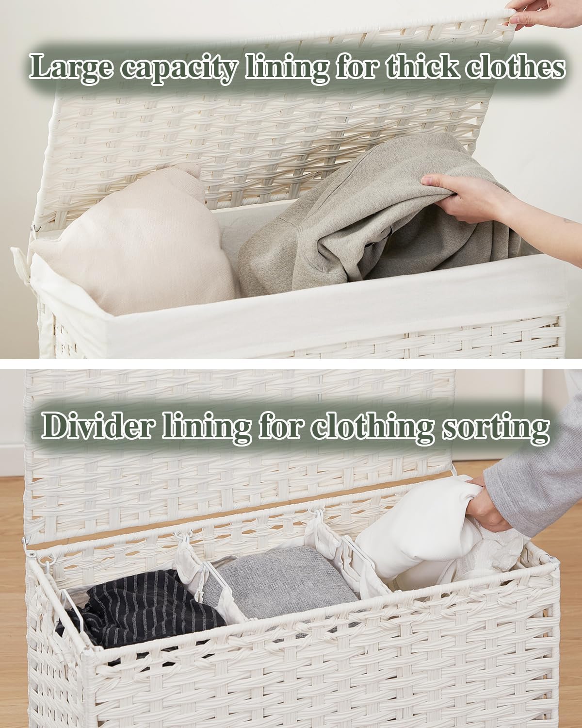 Laundry Hamper with Lid Laundry Basket 132 L (35 Gal) Wicker Clothes Hamper, Handwoven Rattan Hamper with Handles and 4 Removable Liner Bags, 6 Mesh Bags for Laundry Bedroom White