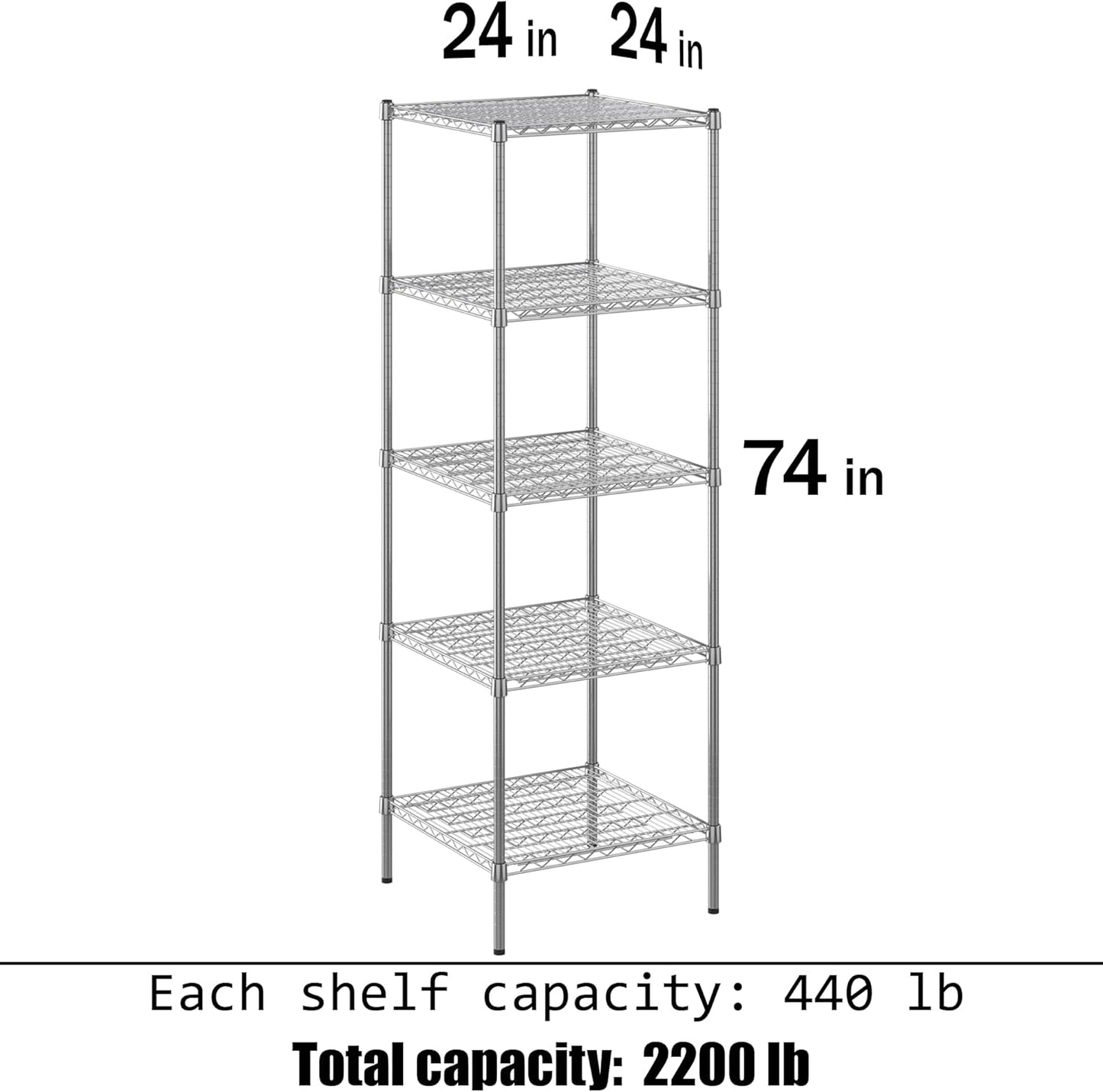 24" Deep x 24" Wide x 74" Height Wire Shelving Kit | 5-Tier | NSF Commercial Storage Rack Unit