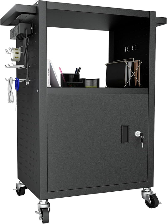 Mobile AV Cart with Push Handles, Heavy Duty Rolling Media Cart with Customized Pegboard & Hooks, Multipurpose Utility Cart with Extra Storage Space, 4 Outlets