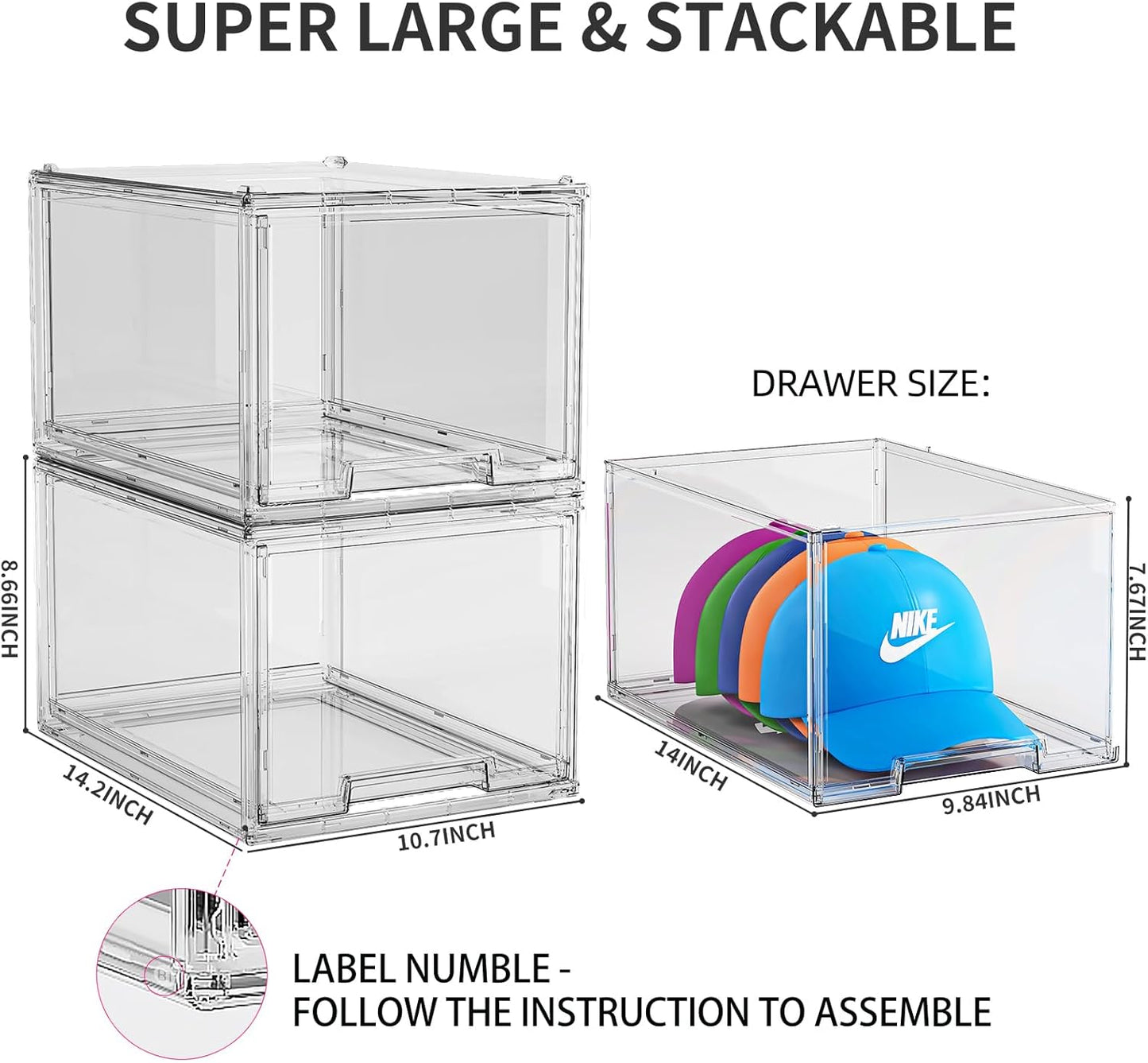 2 Pack Hat Organizer Box for Baseball Caps Organizer, Hat Organizer Box with Sliding Drawer, Hat Holder Storage Organizer, Clear Drawer Stackable for Hats Snapback Cap Storage