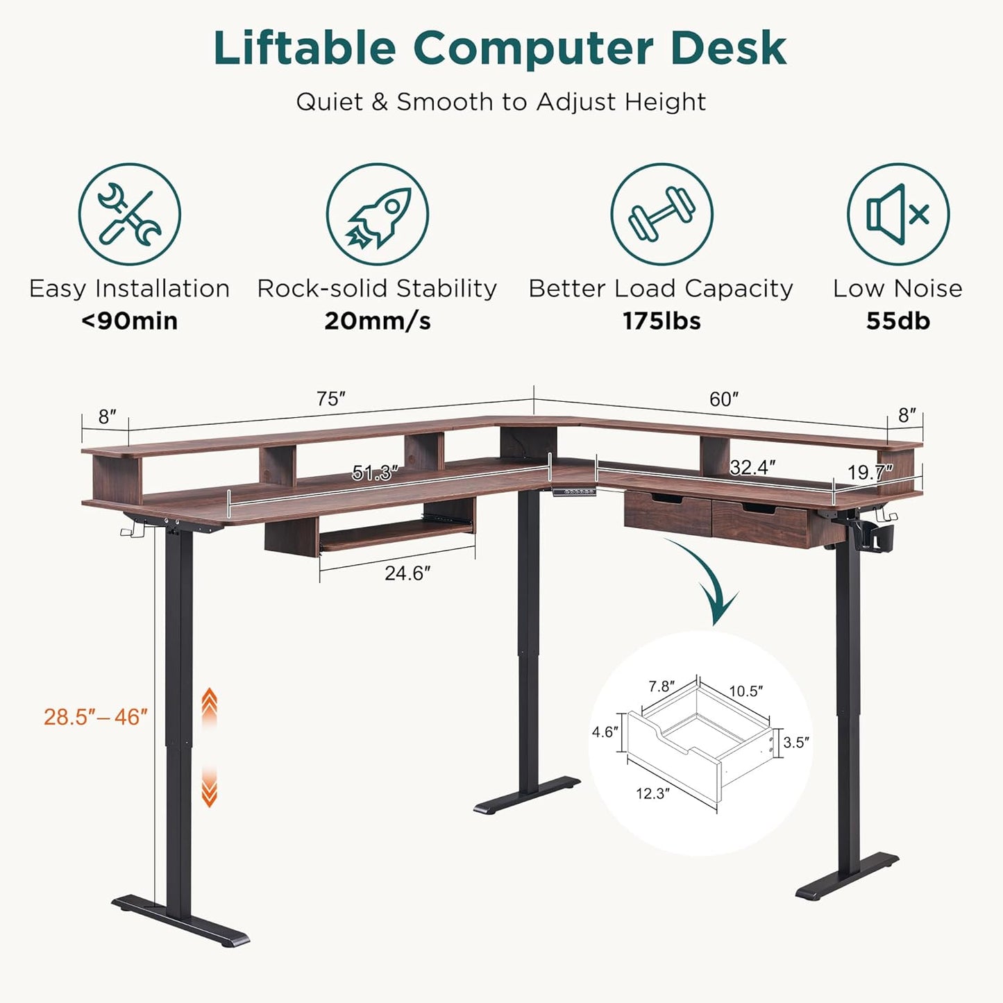 RedLemon 75X60 Inches L Shaped Electric Standing Desk, Height Adjustable Corner Gaming Desk with Drawers, Keyboard Tray, Power Outlets & LED Lights, Computer Desk with Monitor Shelf, Dark Walnut